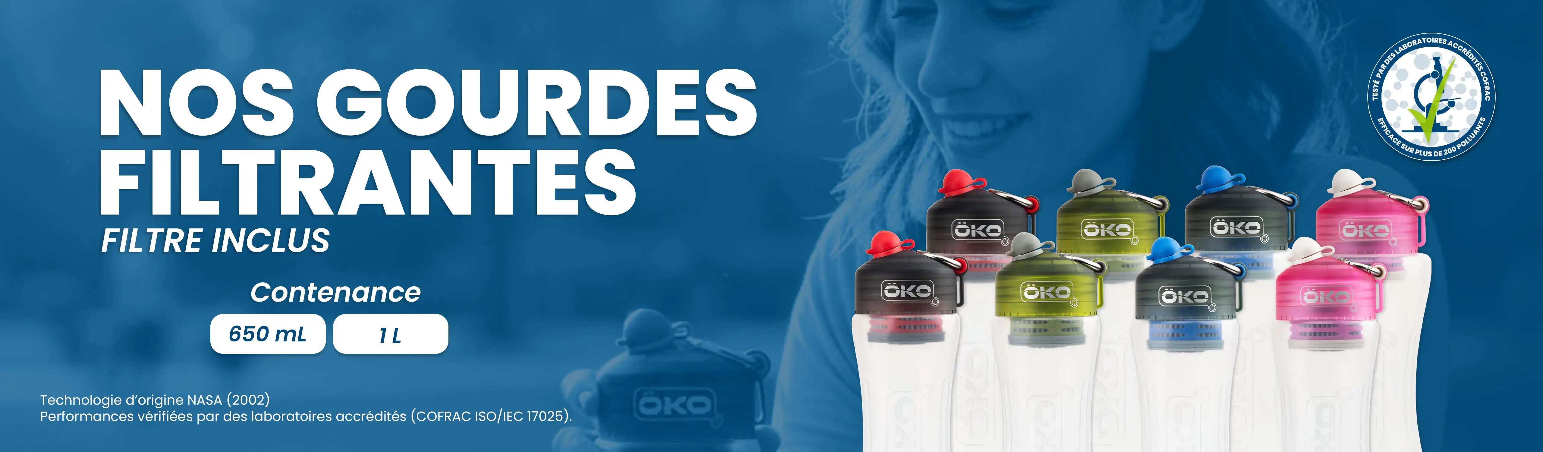 Gourdes filtrantes ÖKO 650ml ou 1 litre (rouge, verte, bleue marine, rose)